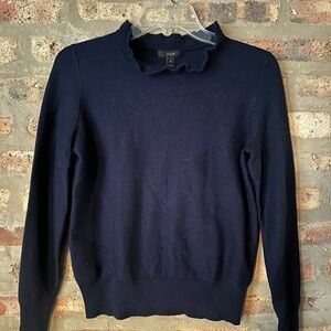 J. Crew Navy Ribbed Crewneck Sweater with Ruffle Neck